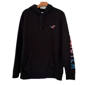 Hollister Women Sweatshirt Large Hoodie Black Logo Bird Graphic Pullover Rainbow